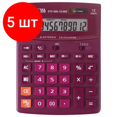 Комплект 5 шт, Калькулятор настольный STAFF STF-888-12-WR (200х150 мм) 12 разрядов, двойное питание, бордовый, 250454