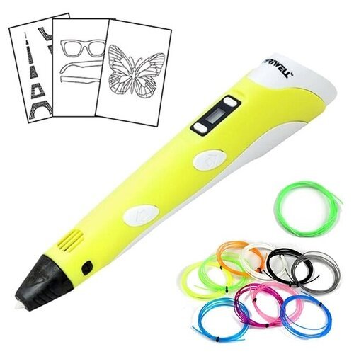3D ручка MyRiwell RP100B (100 м PLA + 10 м светящегося пластика + трафареты) желтый