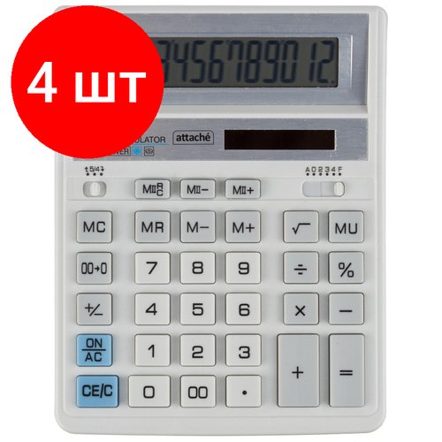 Комплект 4 штук, Калькулятор настольный полн/Р Attache AF-888.12р, дв. пит,204x158мм, белый