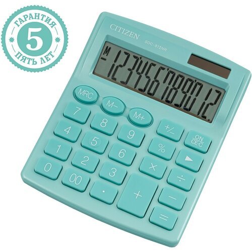 Калькулятор настольный Citizen 'SDC-812NR', 12-разрядный, 124 х 102 х 25 мм, двойное питание, бирюзовый
