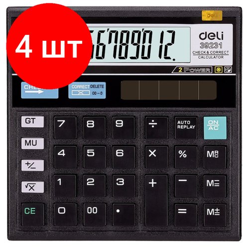 Комплект 4 штук, Калькулятор настольный комп. Deli E39231, 12-р, дв. пит, 129x129мм, черный
