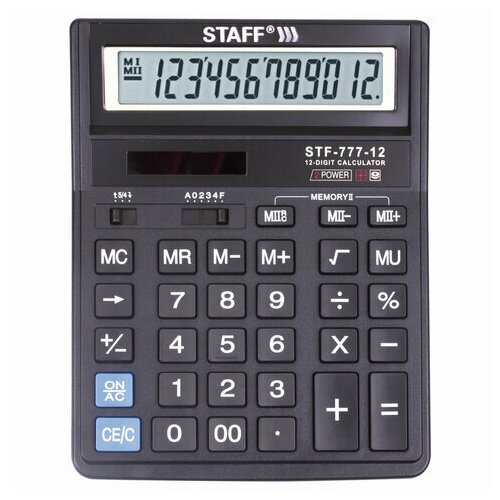 Калькулятор настольный STAFF STF-777, 12 разрядов, двойное питание, 210x165 мм, черный, 250458