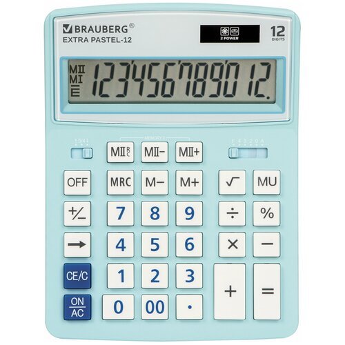 Калькулятор настольный BRAUBERG EXTRA PASTEL-12-LB (206x155 мм), 12 разрядов, двойное питание, голубой, 250486