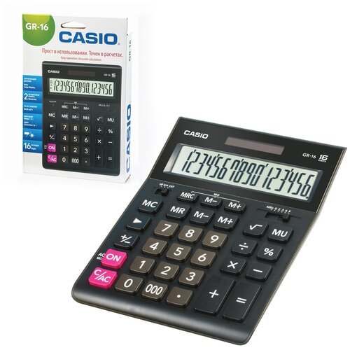 Калькулятор CASIO настольный GR-16-W, 16 разрядов, двойное питание, 209х155 мм, европодвес, черный, GR-16-W-EP